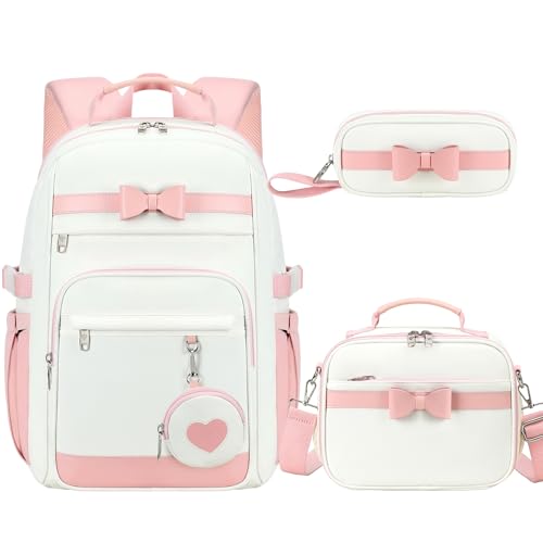 KIDNUO Mochila para laptop feminina, 4 peças, mochilas escolares com lancheira, estojo de lápis, bolsa de bolso, conjunto para meninas e adolescentes, Bege, Large, Mochila
