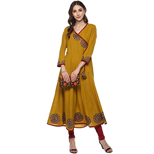 Image of Yash Gallery Women's Cotton Relaxed Fit Anarkali Slub Angrakha Style Kurta