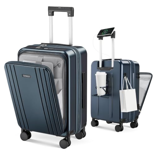 Image of Carry on Luggage Top opening Suitcases, Expandable with Cup&Phone Holder and USB Charging Port,Hardside with Front Pocket Rolling Suitcases with Spinner Wheels & YKK Zippers (Navy, 20 Inch)