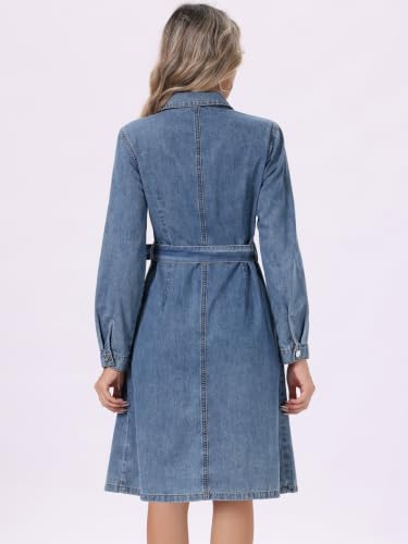 Image of Allegra K Denim Dress for Women's Long Sleeve Button Down A-Line Belted Classic Jean Dresses
