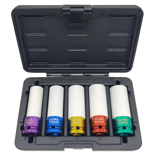 Image of 5PCS 1 /2 inch Drive Impact Lug Nut Socket Set, Lug Nut Impact Socket | 15 17 19 21 22mm, 6 Point, Non-Marring, Thin Wall, Deep Socket, Wheel Protector, Protective Socket, Color-Coded, Cr-Mo Steel