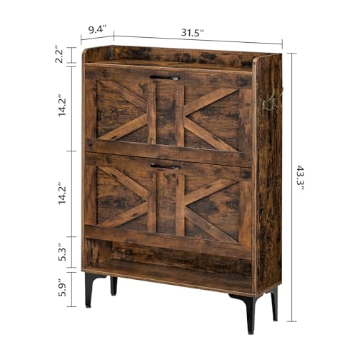 MAHANCRIS Shoe Storage Cabinet, Shoe Organizer with 2 Flip Drawers, Hidden Shoe Storage for Entryway, Freestanding Organizer with Open Storages, Rustic Brown SHHR9401N1 by MAHANCRIS - Image 4