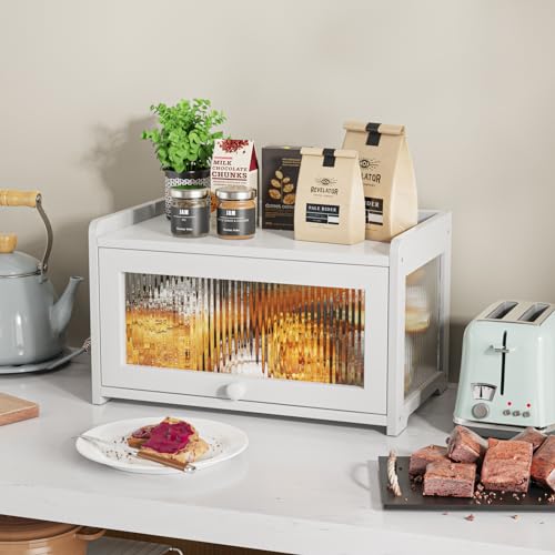 BAMBANG Bamboo Bread Box for Kitchen Counter, Large Capacity Bread Storage Container Farmhouse Bread Box with 3 Sides Wavy & Back Clear Window, Breadbox Bread Bin Holder for Homemade Bread, White by BAMBANG - Image 5