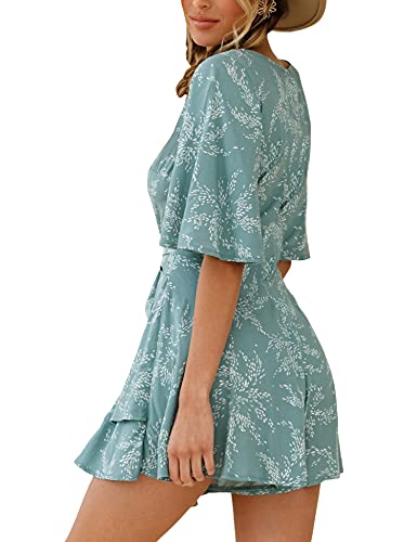 Aimcoo Womens Summer Short Flared Sleeve Romper V Neck Floral Print Jumpsuit Waist Tie Layer Ruffle Hem Dress Look Rompers (Lake Blue, Large) #TOP5