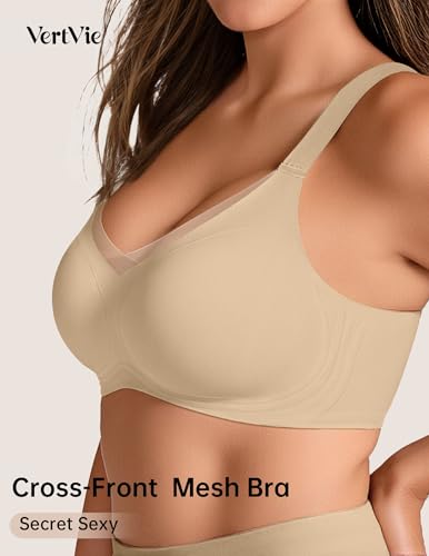 Image of Vertvie Wireless Jelly Bra Seamless Supportive Crossover | Full Coverage & Lift, Mesh V-Neck, No Underwire, Back Smoothing, Push Up, Plus Size, All-Age Comfort, Everyday T-shirt Bra