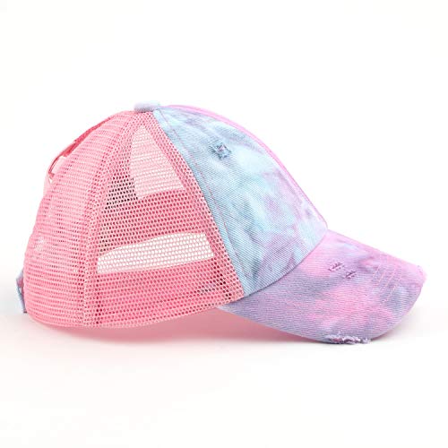 C.c Kids Criss-Cross Elastic Band Ponytail Caps Messy Buns Trucker Plain Baseball Cap (Bt-6-Kids) (Kids-Bt-780) (Kids-Bt-783) (A Crossed Elastic Band(Tie-Dye)-Baby Pink) #TOP4
