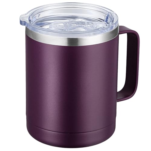 MEWAY 12oz Coffee Mug With Handle and Sliding Lid,Stainless Steel Travel Tumbler Cup with Handle,Double Wall Vacuum Insulated Camping Cup for Hot & Cold Drinks Tea (Plum,Set of 1)