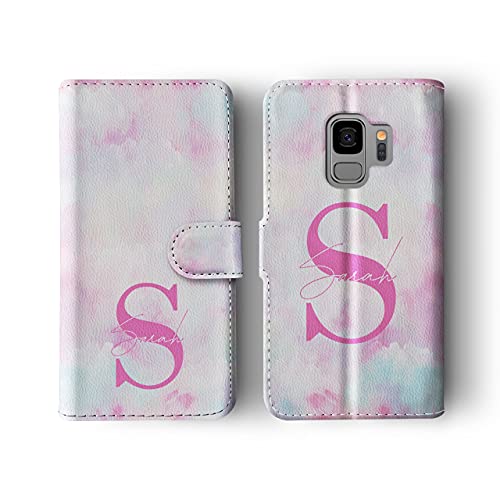 Tirita Personalised Leather Flip Wallet Phone Case with Card Holder Compatible with Samsung Galaxy S7 Edge - [09 - Purple Clouds with Initial]