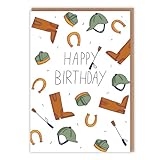 Horse Riding Theme Birthday Card - Cute Illustrations of Equestrian Essentials 'Happy Birthday' - Cute Birthday For Her For Him