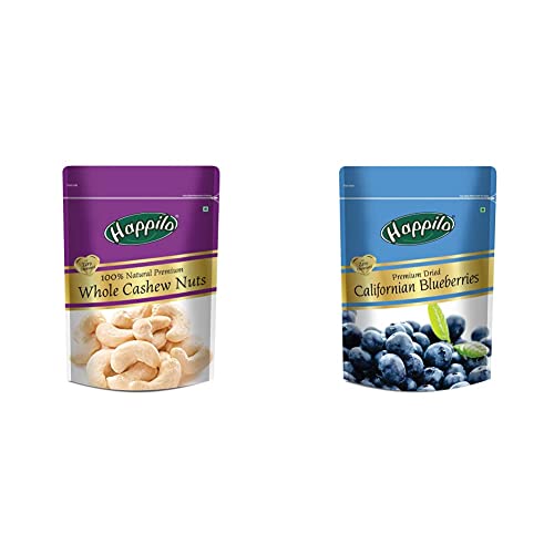 Image of Happilo 100% Natural Premium Whole Cashews, 200g + Happilo Premium Dried Californian Blueberries, 150g