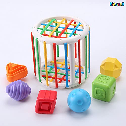 Image of Kidology Baby Cylindrical Shape Sorting Toy | Montessori Sensory Toys with 6 Blocks Colorful Cube | Shape Sorting Bin with Elastic Bands Fine Motor Skill Early Learning Preschool Educational