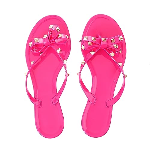 Image of TYFLOVE Women Rivet Flip Flops Studded Jelly Thong Sandals with Bow Summer Bowtie Flat Beach Rain Shoes
