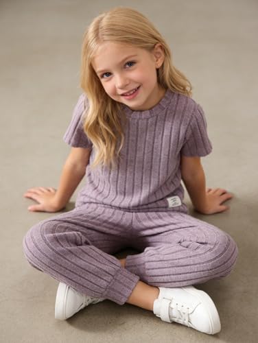 Image of Girls 6 Pieces Knit Outfits Short Sleeve Tee Tops and Pants Clothing Set 4-12Y