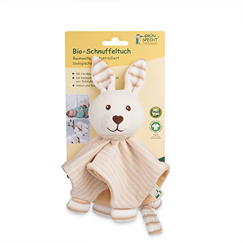 GRÜNSPECHT Bio-Schnuffeltuch Hase aus 100 % Baumwolle (kbA), Schmusetuch für Babys zum Kuscheln, mit Handpuppe, Klettschlaufe für Schnuller, kuschelig und weich, GOTS, beige (620-00)