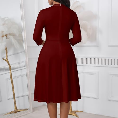 Image of PinkPatty Women's Semi Formal Midi Dresses 3 /4 Sleeve Solid Color Fit and Flare Dresses for Church Work Wine Red L