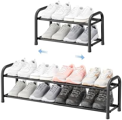 ENJOYBASICS Schuhregal Platzsparend, 2 Ebenen Metall Schuhablage Schwarz | Ausziehbarer shoes rack 45-83 cm Verstellbarer Schuhorganizer, schmal schuh regal für Flur, Diele, kleine