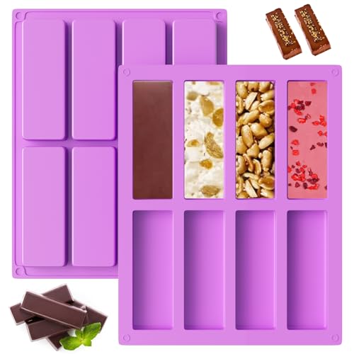 Rseuphiee 2 Pièces Moule Barre de Céréales, Moule Silicone Rectangulaire, Moules AntiadhéSifs à 8 CavitéS, Moule Barre Cereales Maison, pour Pain, Gâteau, Barre de Chocolat, Biscuits, Violet