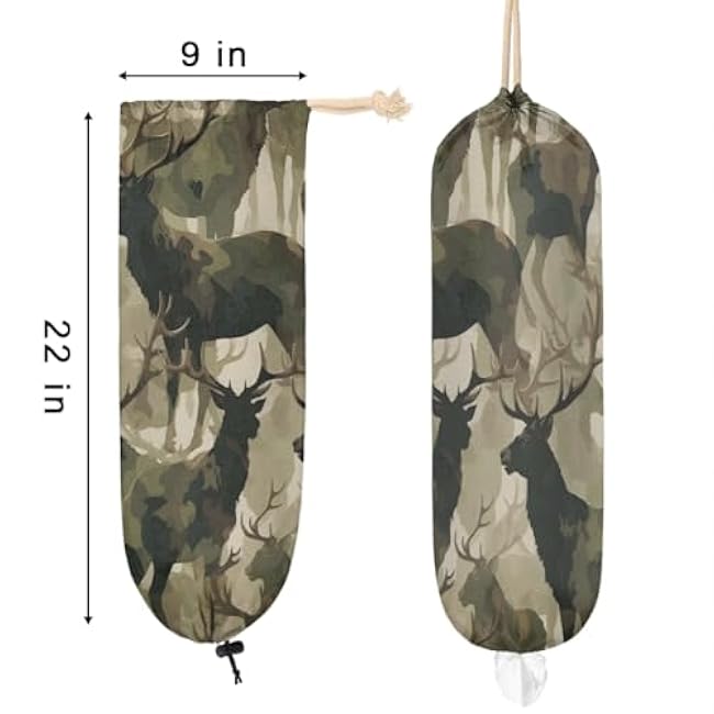 Plastic Bag Holder, Camouflage Deer Washable Grocery Bag Storage Dispenser Reusable Hanging Shopping Bags Carrier Wall Mount Plastic Bag Organizer for Home Kitchen Decor