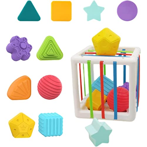 Conteneur sensoriel pour bébés avec cube à cordes et 10 formes colorées