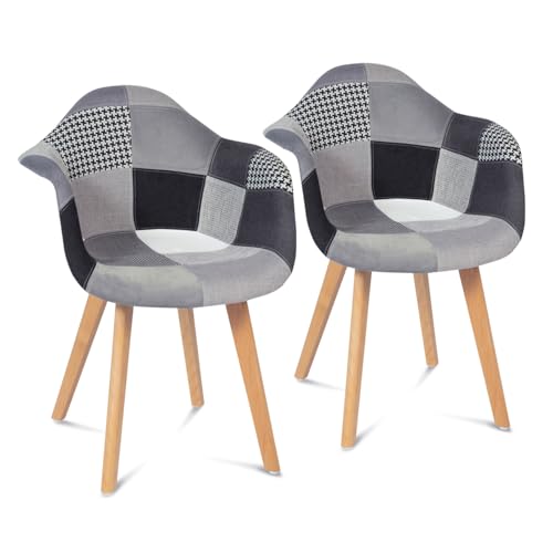 IDMarket - Lot de 2 chaises de Salle à Manger scandinaves, fauteuils de Table SARA Motifs patchworks Noirs, Gris et Blancs
