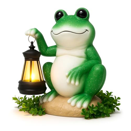 Friendly Solar Frog Garden Ornament with Lantern – Resin Indoor or Outdoor Statue Light for Patio, Porch, Flowerbed – Weatherproof Animal Figurine for Pathway Decor and Gifts, Solar Powered Decorative