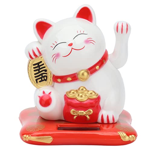 BuyWeek Lucky Cat, Chat Ondulant à Énergie Solaire Mignon Richesse Accueillant Chat Maneki Neko Ornement pour Voiture de Bureau à Domicile(Blanc) Cover