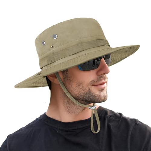 DiULi Sombrero de Pescador Mujer Hombre, Gorro Pescador Plegable, Sombreros Sol Ala Ancha, Gorro Explorador Estilo Vaquero con Cordón Ajustable, Verano Bucket Hat para Safari, Senderismo(Caqui Oscuro)