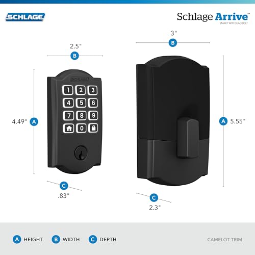Image of Schlage Arrive Smart Wi‑Fi Deadbolt Lock with Keypad, Keyless Entry Front Door Lock, App Control, Alexa and Google Home Compatible, Matte Black, BE459WB CAM 622
