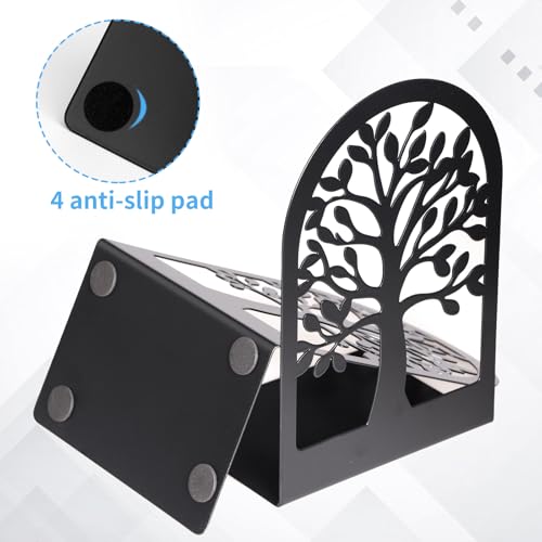 EOOUT Bookends for Shelves Decorative, 5 Pairs of Tree Bookends Supports, Black Metal Book Stoppers for Heavy Books, Heavy Duty Book Ends for Home Office School.