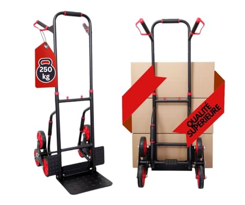 PROREGAL Diable Pro pour escaliers Taurus | HxLxP 115x52x63 cm | Capacité de Charge 250kg | Acier| TPR- Roues Caoutchouc| Rouge-Noir