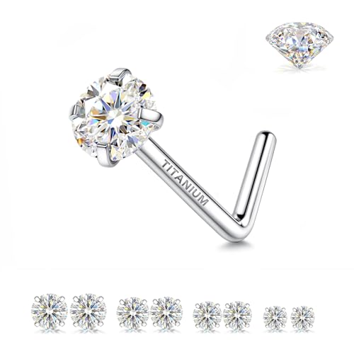 GEMQUEEN Moissanite Nose Studs Set : G23 Titanium Nose Rings L Shaped Hypoallergenic 20G Small Moissanite Nostril Piercing Jewelry for Women Men Trendy 1.5/2/2.5/3mm 8Pcs