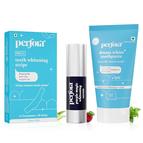 Image of Perfora Teeth Whitening Combo | Strips - 14 Treatment,Purple Magic Whitening Serum 30ml & Dream White Toohtpaste 150gm | Enamel-Safe & Sensitivity-Free Oral Care Formula For Tooth Stain Removal | Pack Of 3