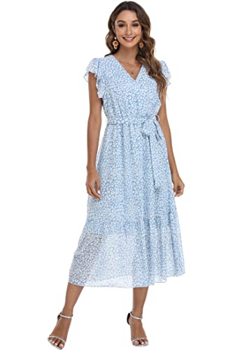 Image of VintageClothing Womens Sundress Casual Floral Summer Boho Dress | Flowy Wrap V Neck Ruffle A-Line Pleated Hem Midi Dresses