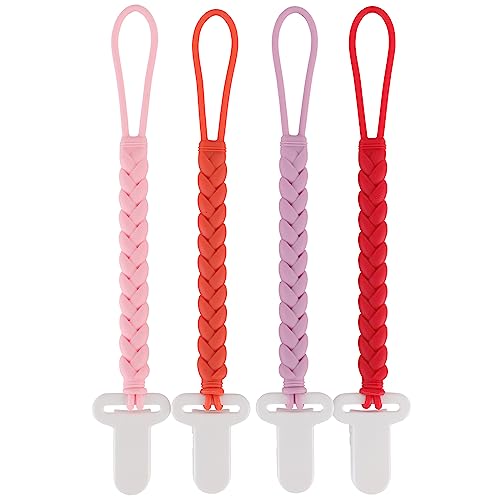 Image of 4-Pack Silicone Pacifier Clips with a Woven Rope Shape for Baby Boys and Girls - Flexible and Rust-Free Holders for Teething Relief and Baby Essentials, Safe for Newborns (Pink)