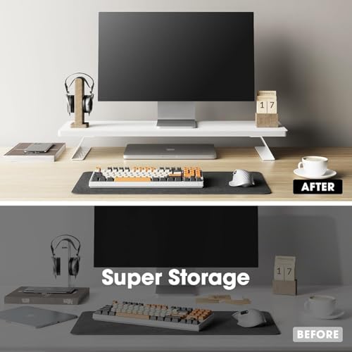 Image of 58180 Monitor Stand Riser for Desk 80cm Large Computer Monitor Stand for 2 Monitors Wooden Desk Organizer Stand for PC, Laptop, Printer, TV Screen - White base - White top