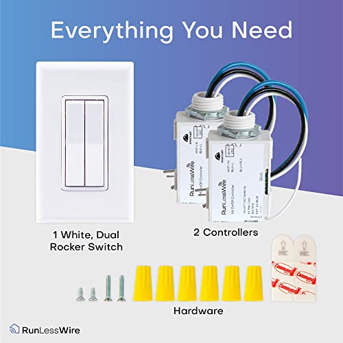 Runlesswire Fan & Light Wireless Switch & Receiver Kit With Infinite Battery No Wifi Or Batteries Needed 150+Ft Rf Range Diy Pre-Programmed Remote Control - 2 Receivers, 1 Double Switch - White #TOP4