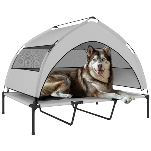 PawHut Lettino per Cani Rialzato di 23 cm con Copertura a 3 Lati Rimovibile, Brandina per Cani di Taglia Grande Traspirante in Acciaio con Borsa di Trasporto, 122x92x94 cm, Grigio Chiaro e Nero