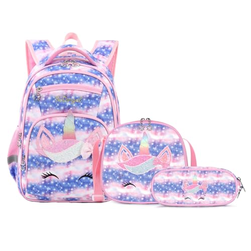Cusangel Girls Backpack with Lunch Box Pencil Case,Cute Multi Compartment Preschool Elementary Primary Backpack for Girls