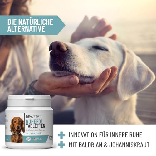 ReaVET Ruhepol Tabletten für Hunde 120 Stück – mit Baldrian und Johanniskraut I Wohlfühlen, Umzug, Silvester, Verlust mit hoher Akzeptanz