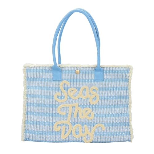 Packed Party Seas the Day Blue Canvas Fringe Tote Bag - Printed Lettering Frayed Fringe with Zippered Interior Pocket and Confetti Lining, 17.5x6x12 Inch