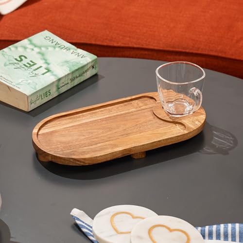 Image of Sanjh Serving Tray - Acacia Wood & Glass Cup Tray - Multipurpose Tray for Tea, Snacks & Drinks (6x12x3.875 inches)