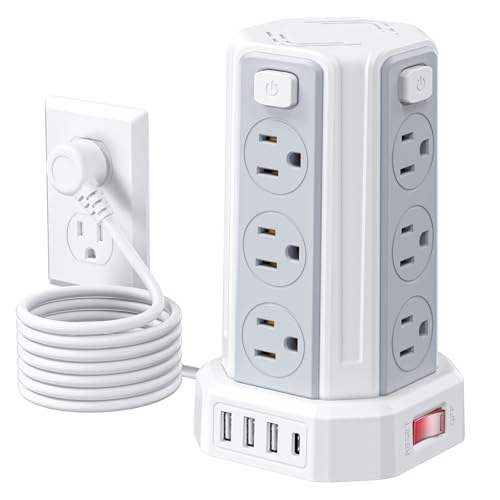 SMALLRT Torre Regleta Multicontacto Pared con USB C, 1.98M Plana Extension Electrica, Extension Multicontacto con 12 Conector Multiple Enchufes y...