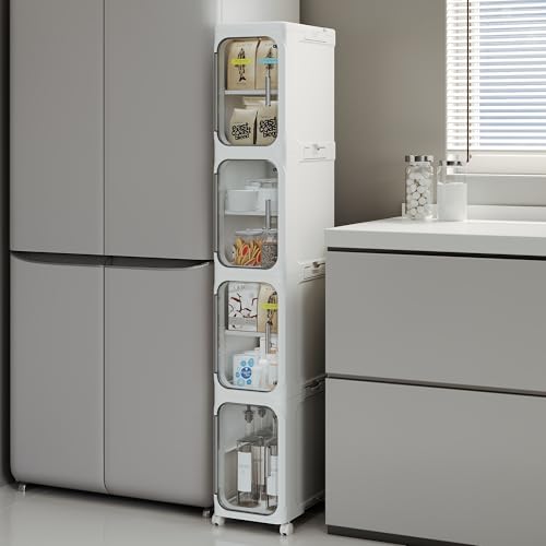 Lifelongpal 4-Tier Tall Narrow Storage Cabinet, Slim Bathroom Storage Cabinet with Adjustable Shelves and Wheels, Narrow Organizer for Small Space, Bathroom, Kitchen, Laundry, White