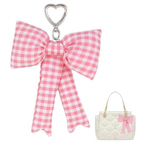 Image of Pink Bow Keychain Bag Charms Y2K Bowknot Plaid Keychains Coquette Aesthetic Purse Handbag Backpacks Charms (Pink 1)