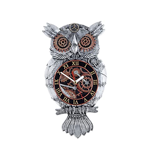 JIARY Wall Clock Pendulum Clock, Steampunk Owl Pendulum Clock Imitation Metal Wall Clock Hand-Painte
