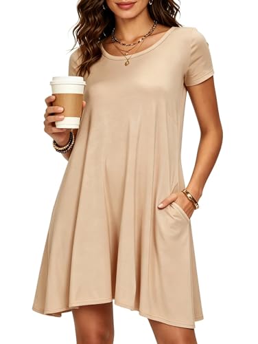 Image of Afibi Womens Short Sleeve Loose Pockets Dress Casual Swing T-Shirt Dresses