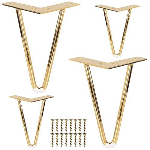 10CM Pieds De Meubles en Métal, Tchosuz Lot de 4 Pieds De Table en Épingle à Cheveux en Fer avec Vis,Remplacement Pieds De Lit Métallique pour Canapé Chaise Cabinet Fauteuil Armoire Meuble TV,Doré