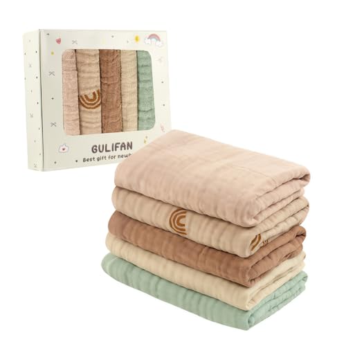 GULIFAN 5 Pack Baby Muslin Washcloths,100% Cotton Wash Cloth Set for Baby Face Body Comfy and Soft for Newborn Infants Kids Girls and Boys,Best Gift for Newborn Baby