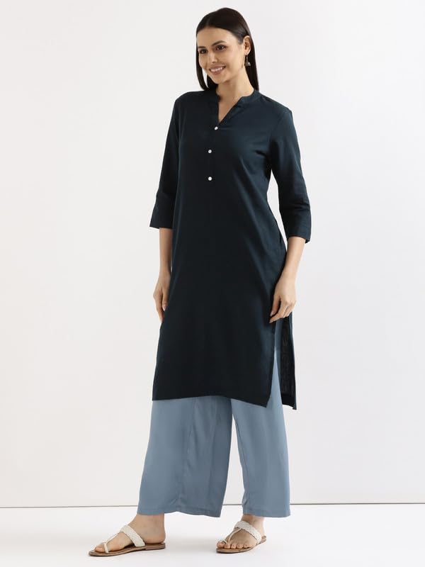Image of SAADAA Women's Linen Straight Fit Straight Long Kurta Airy Plain Kurta, 3 /4 Sleeve, Knee Length Kurtis with Pockets, Casual and Office Wear