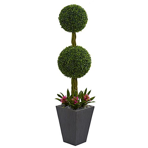 Nearly Natural 5ft. Double Boxwood Ball Topiary Artificial Tree in Slate Planter UV Resistant (Indoor/Outdoor)
